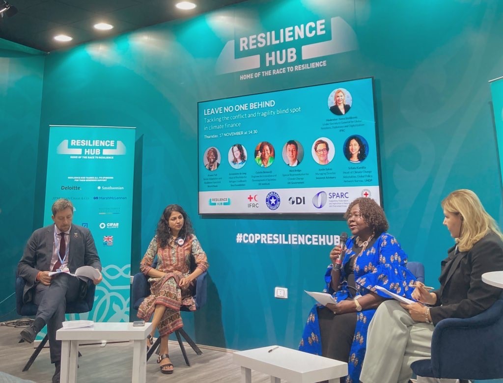 Colette Benoudji, third from the left, SPARC People and Societies Team Lead, spoke about the reality on the ground during the “Leave No One Behind” session hosted at the Resilience Hub - Image by SPARC