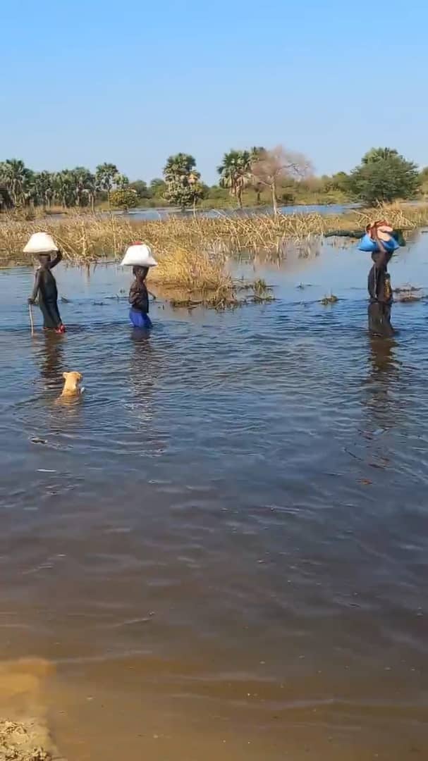 Three people wade waist deep across a flooded area