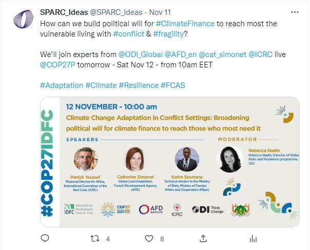 Tweet about SPARC event on 'Climate change adaptation in conflict settings: Broadening political will for climate finance to reach those who most need it'