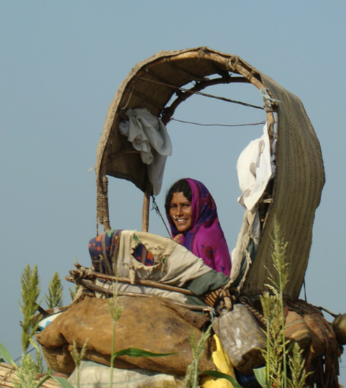 A woman sits on top of a cart smiling