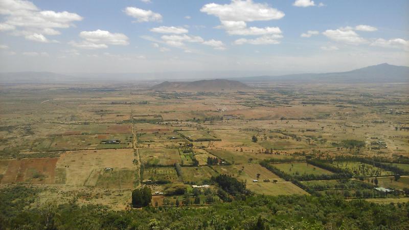 An aerial view of green pastoral fields stretching to the horizon with clouds and blue sky above