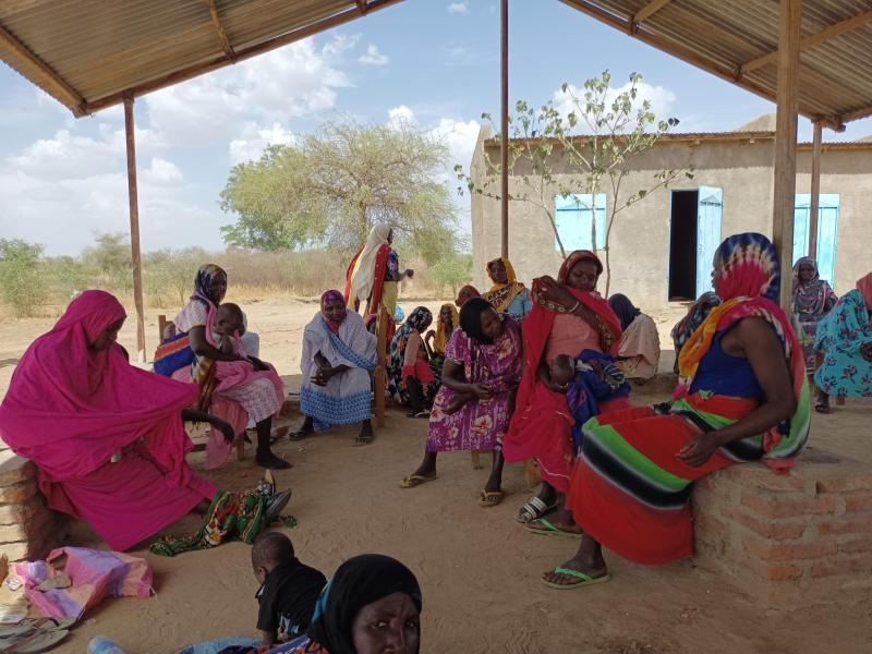 A group of women gather under a shelter on a sunny day