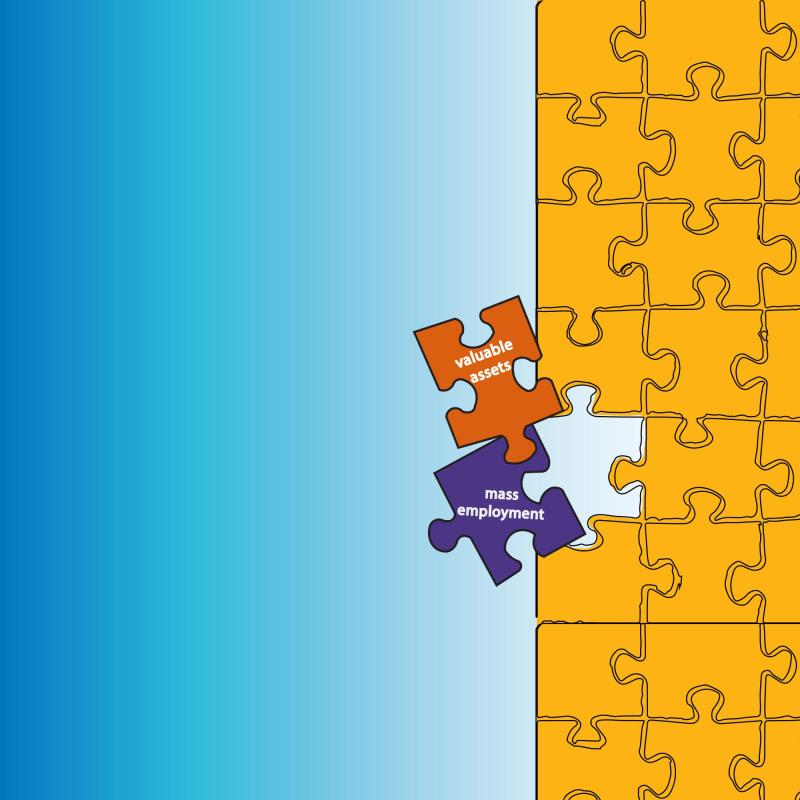 Two mismatched puzzle pieces representing valuable assets and mass employment try to fit in the same place, which is also mismatched.