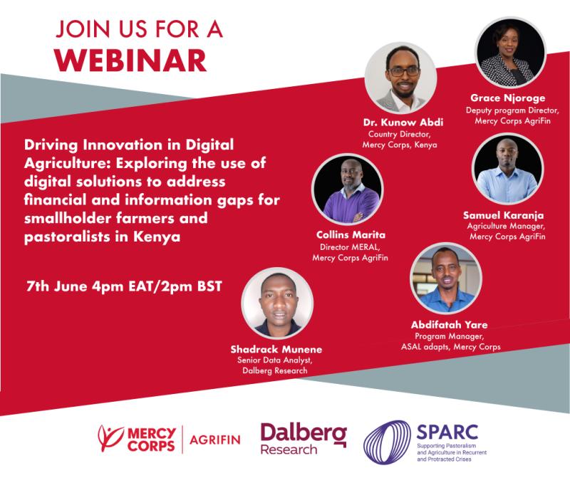 A digital poster with the webinar title, date and time, photos of the speakers and their names on a grey, red and white background