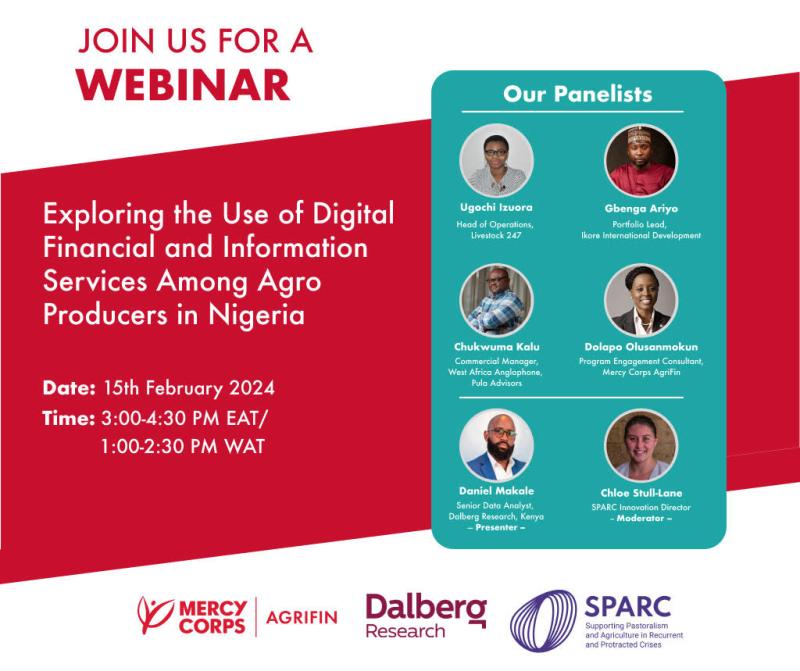 Poster of event on: Exploring the use of digital and financial services among agro producers in Nigeria' - event title, date and time, with names of speakers on green foreground, with red and white background