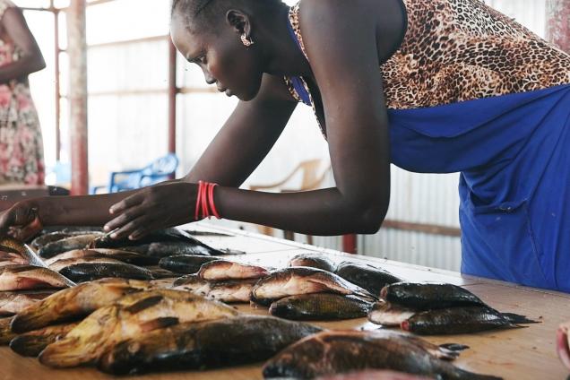 A local woman sells fish at Bor fish market in Joglei, South Sudan