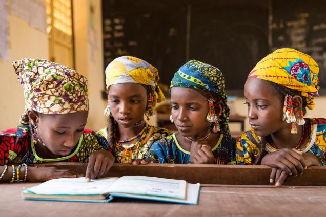 Fulani girls share a textbook in class in Makalondi, Tilaberri Region, Niger.