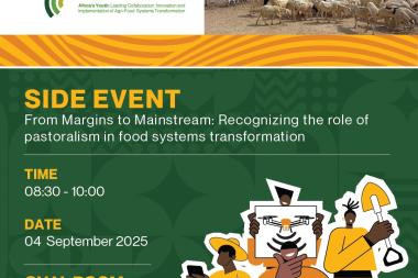 A green and white digital flyer promoting the SPARC event '‘From margins to mainstream’: The role of pastoralism in food systems transformation - on Thursday, September 4th at the Africa Food Systems Forum 2025