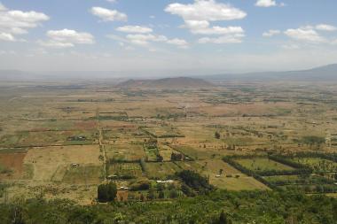 An aerial view of green pastoral fields stretching to the horizon with clouds and blue sky above