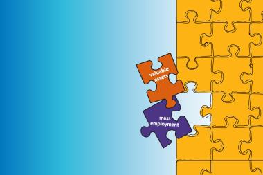 Two mismatched puzzle pieces representing valuable assets and mass employment try to fit in the same place, which is also mismatched.
